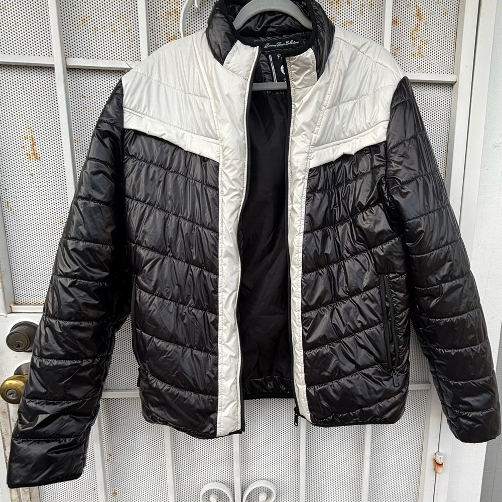 NYC Fried Denim men's L puffer lined shinny jacket black with white accent